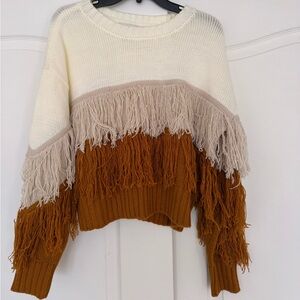 JustFab Multicolor Fringe Sweater - White, Tan, Brown